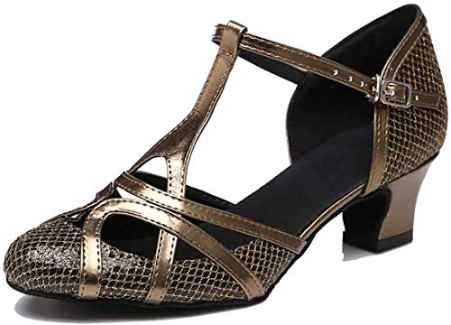 MGM-Joymod Damen-Tanzschuhe mit T-Riemen, geschlossene Zehenpartie, Glitzer, Synthetik, Abend, Hochzeit, Tango, Ballsaal, modern, Lateinamerikanisch, Brown 5cm Heel, 37 EU von MGM-Joymod