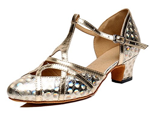 MGM-Joymod Damen-Tanzschuhe mit T-Riemen, geschlossene Zehenpartie, Glitzer, Synthetik, Abend, Hochzeit, Tango, Ballsaal, modern, Lateinamerikanisch, Floral Gold 5cm Heel, 40 EU von MGM-Joymod