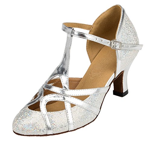 MGM-Joymod Damen-Tanzschuhe mit T-Riemen, geschlossene Zehenpartie, Glitzer, Synthetik, Abend, Hochzeit, Tango, Ballsaal, modern, Lateinamerikanisch, Glitter Silver 6cm Heel, 37 EU von MGM-Joymod