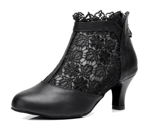 MGM-Joymod Frauen Reißverschluss Spitze Floral Mesh Salsa Tango Modern Latin Dance Ankle Boots Prom Abend Hochzeit Schuhe,YW0196 Schwarz B, 42 EU von MGM-Joymod
