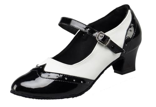 MGM-Joymod Damen Mary Janes Schnalle Geschlossene Zehen PU Leder Salsa Tango Ballsaal Latein Modern Tanzschuhe Abend Hochzeit Sandalen,SM212 Schwarz Weiß 5cm : EU 40 von MGM-Joymod