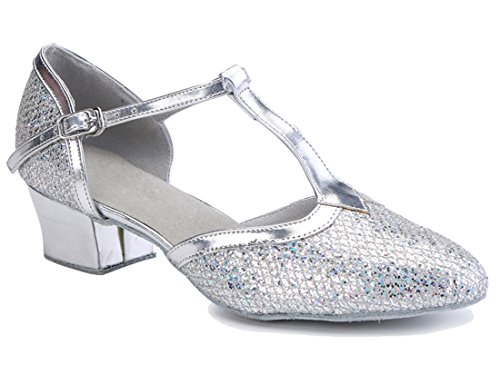 MGM-Joymod T-Starp Damen-Tanzschuhe Glitzer Synthetik Abendveranstaltung Hochzeit Tango Ballsaal moderner Latein-Tanzschuh, Jf2004 Silber Absatz 3.55cm,36.5 EU von MGM-Joymod