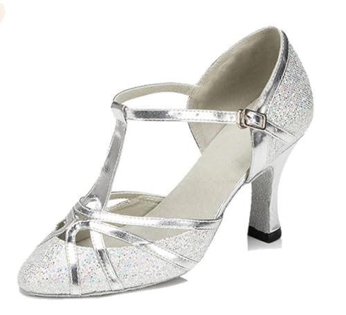 MGM-Joymod T-Starp Damen-Tanzschuhe Glitzer Synthetik Abendveranstaltung Hochzeit Tango Ballsaal moderner Latein-Tanzschuh, L2040 Absatz 8 cm, silberfarben,36 EU von MGM-Joymod