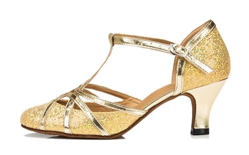 MGM-Joymod T-Starp Damen-Tanzschuhe Glitzer Synthetik Abendveranstaltung Hochzeit Tango Ballsaal moderner Latein-Tanzschuh, L2040 Gold, Absatz 6cm,37.5 EU von MGM-Joymod