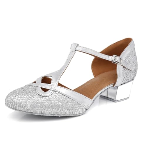 MGM-Joymod T-Starp Damen-Tanzschuhe Glitzer Synthetik Abendveranstaltung Hochzeit Tango Ballsaal moderner Latein-Tanzschuh, L341 Silber, 3.5cm Absatz,39.5 EU von MGM-Joymod