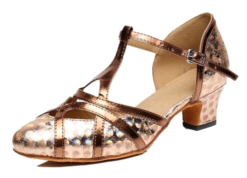 MGM-Joymod T-Starp Damen-Tanzschuhe Glitzer Synthetik Abendveranstaltung Hochzeit Tango Ballsaal moderner Latein-Tanzschuh Blumenmuster, 5cm Absatz, Braun, 41.5 EU von MGM-Joymod