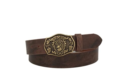 MGM Unisex Trachtengürtel mit Hirsch Gürtel, Braun-Messing, 85 von MGM