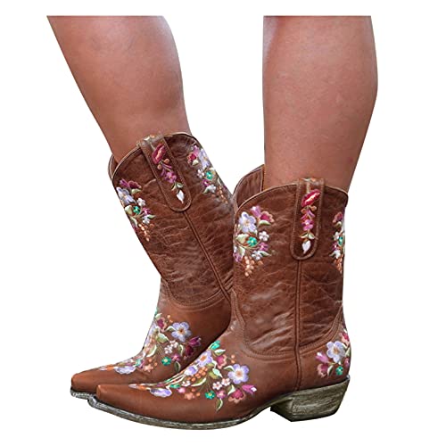 Cowboystiefel Mittelrohr Damen mit Blumenmuster auf Stiefelspitzen Motorrad Stiefel Elegant Westernstiefel Mit Absatz Biker Ankle Boots Plateau Ankle Boots Schuhe Boho Boots 70er Jahre Reitstiefel von MGSFGlk