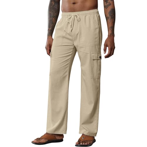 Leinenhose Herren Lang Leichte Sommerhose Baumwolle Cargo Loose Freizeithose mit Kordelzug Sommerhose Herren Casual Leinen Hose Einfarbig Bequem Stoffhose Strandhose Männer Stretch Hosen mit Tasche von MGSFGlk