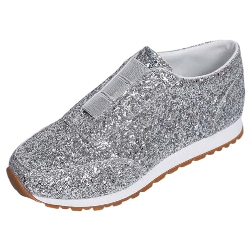 MGSFGlk Glitzer Sneaker Damen Flache Freizeit Pailletten Schuhe Leicht Atmungsaktiv Glitzer Schuhe Bequeme Silber Pailettenschuhe Laufschuhe mit Klettverschluss Outdoor Fitness Turnschuhe Sportschuhe von MGSFGlk