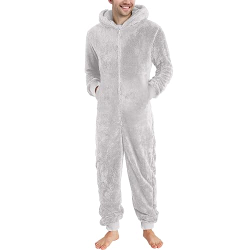 MGSFGlk Jumpsuit Herren Kuschelig Fleece Einteiler Fluffy Winter Onesie Kuschelanzug Lang Elegant Pyjama Overall Bequem Große Größe Kuschel Jumpsuit Gemütlich mit Kapuze Schlafanzug Strampler von MGSFGlk