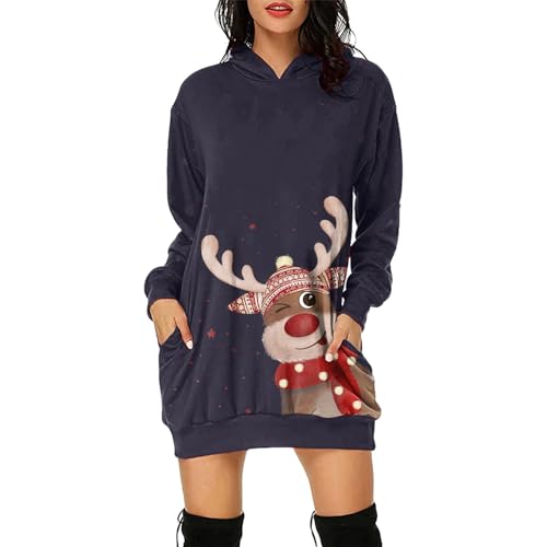 Weihnachtskleid Damen Hoodiekleid mit Kapuze Rundhals Weihnachtsjacke Langarm Lässig Weihnachtskleidung mittellange Hoodie Kleid Fashion Große Größen Winterkleid Weihnachtsmotiv Mode Frühling von MGSFGlk