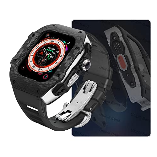 MGTCAR Für Apple Ultra 49 mm Kohlefaser modifiziertes Gehäuse kompatibel mit iWatch S8/7/6 45 44 mm Gehäuse Fluor-Gummi-Armband mit Werkzeug, 44mm, Achat von MGTCAR