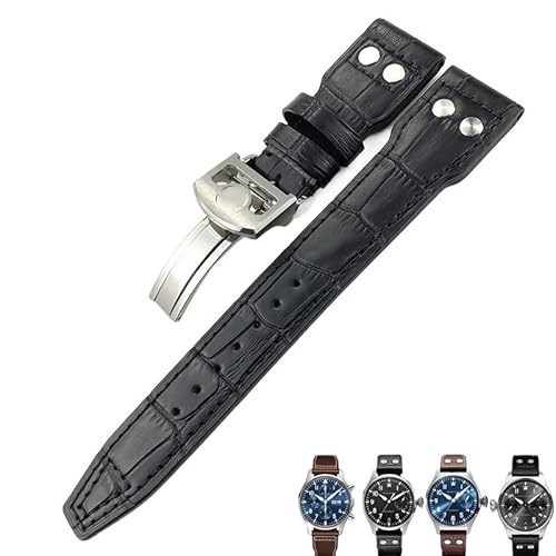 MGTCAR Italienisches Rindsleder-Uhrenarmband für IWC Pilot Mark Portugieeser Portofino Uhrenarmbänder 20 mm, 21 mm, 22 mm (Farbe: Schwarz / Schwarz 1, Größe: 21 mm) von MGTCAR