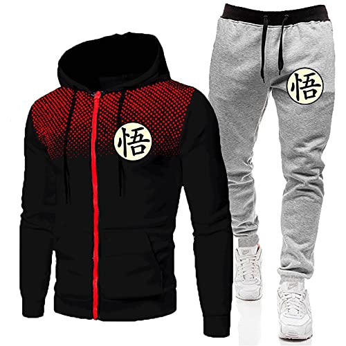 MGTUPK Goku Kostüm Sweatsuit Outfit Set Sweatsuit Herren Sport Reißverschlusstasche Hoodie Jogginghose schwarz rot + hellgrau L von MGTUPK