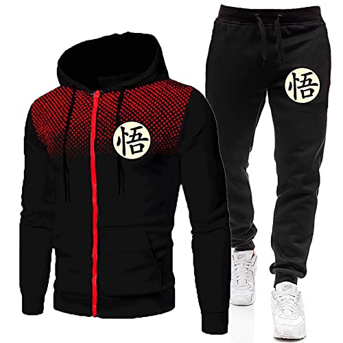 MGTUPK Goku Sweatshirt Hoodie und Hose Set Sweatsuit Herren Sport Reißverschlusstasche Hoodie Jogginghose schwarz rot + schwarz XXL von MGTUPK