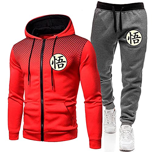 MGTUPK Son Goku Kostüm Zweiteiler Trainingsanzug Herren Sport Reißverschlusstasche Hoodie Jogginghose rot schwarz + dunkelgrau 3XL von MGTUPK