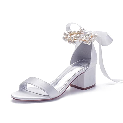 Brautschuhe Damen Sommer Peep Zehen Perle Knöchelriemen Bogen Band Hochzeitsschuhe Mode Blockabsatz Sandaletten,Weiß,37 EU von MGYQ