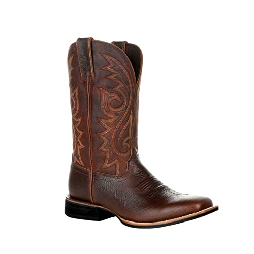Herren Cowboystiefel Vintage Slip-On Stiefel mit mittlerer Wade Stickerei Geteiltes Muster Spitzzehenblockabsatz Anti-Rutsch-Patchwork-Lederstiefel,Braun,43 EU von MGYQ