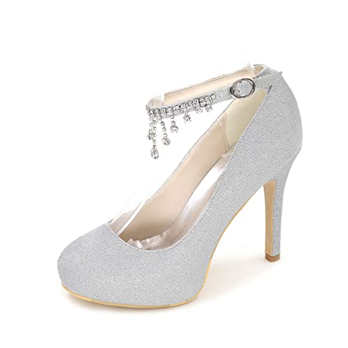 Knöchelriemen mit Kristall Glitzer Braut Hochzeitsschuhe Runde Zehen Plateau Stiletto High Absatz Pumps für Frauen,Silber,35 EU von MGYQ