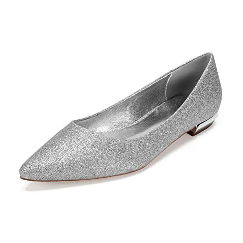 MGYQ Damen Flache Ballerinas Brautschuhe Spitze Flache Brautjungfer Schuhe Niedriger Absatz Hochzeitskleid Schuhe,Silber,42 EU von MGYQ