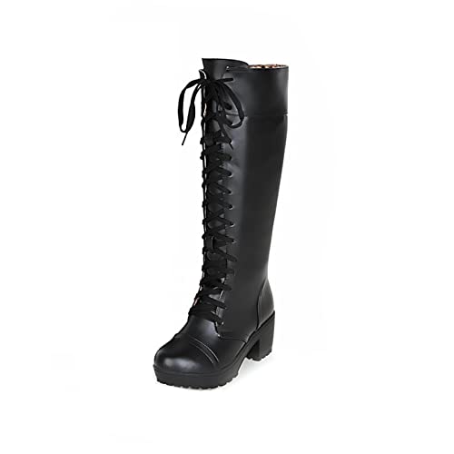 MGYQ Damen Runde Zehen Stiefel Plateau Blockabsatz Langschaft Stiefel Mit Hohe Absatz Plateau Kniehohe Schnürstiefel,Schwarz,38 EU von MGYQ