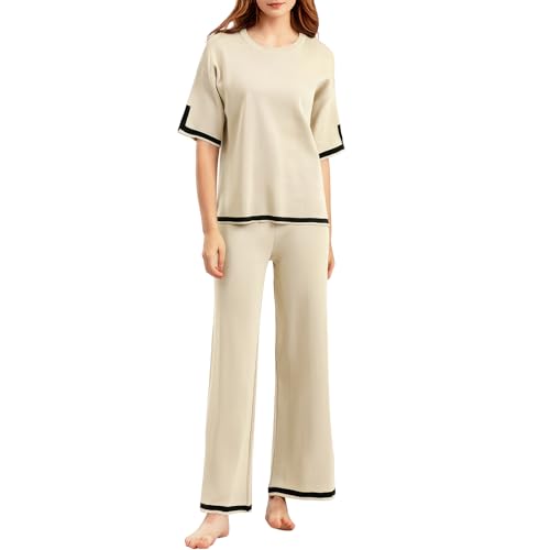 MGizo DtiSpectrum 2-Teiliges Loungewear-Set für Damen – Locker Sitzendes, Gestricktes Homewear-Set Bestehend aus einem Kurzärmeligen T-Shirt und Einer Hose, Strickwaren-Set, Lounge-Set von MGizo DtiSpectrum