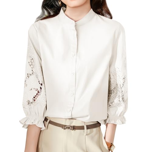 MGizo DtiSpectrum 3/4-Ärmel-Hemd Mit Spitzen – Asiatisch Besticktes Button-Down-Hemd Mit Ösen, Rüschenmanschette und Stehkragen, Ausgehöhlte Bluse von MGizo DtiSpectrum