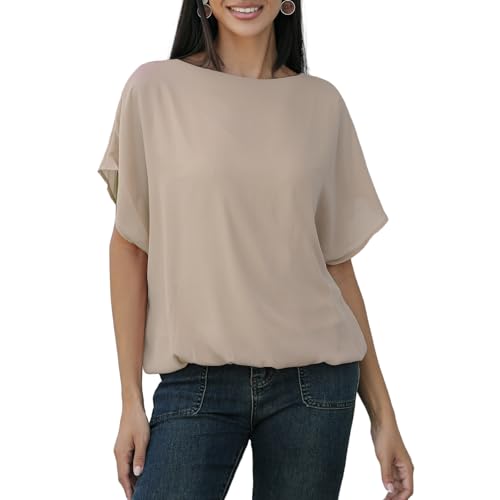 MGizo DtiSpectrum Chiffonbluse Für Damen – Elegante Tunika Aus Zweilagigem Gazestoff Mit Kurzen Fledermausärmeln und Dehnbarem Futter, Transparentes Tüllhemd Mit Rundhalsausschnitt von MGizo DtiSpectrum