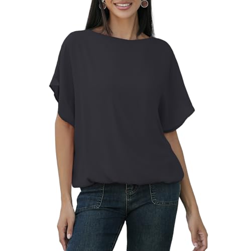 MGizo DtiSpectrum Chiffonbluse Für Damen – Elegante Tunika Aus Zweilagigem Gazestoff Mit Kurzen Fledermausärmeln und Dehnbarem Futter, Transparentes Tüllhemd Mit Rundhalsausschnitt von MGizo DtiSpectrum