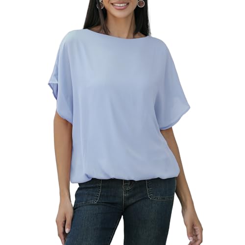 MGizo DtiSpectrum Chiffonbluse Für Damen – Elegante Tunika Aus Zweilagigem Gazestoff Mit Kurzen Fledermausärmeln und Dehnbarem Futter, Transparentes Tüllhemd Mit Rundhalsausschnitt von MGizo DtiSpectrum