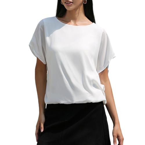 MGizo DtiSpectrum Chiffonbluse Für Damen – Elegante Tunika Aus Zweilagigem Gazestoff Mit Kurzen Fledermausärmeln und Dehnbarem Futter, Transparentes Tüllhemd Mit Rundhalsausschnitt von MGizo DtiSpectrum