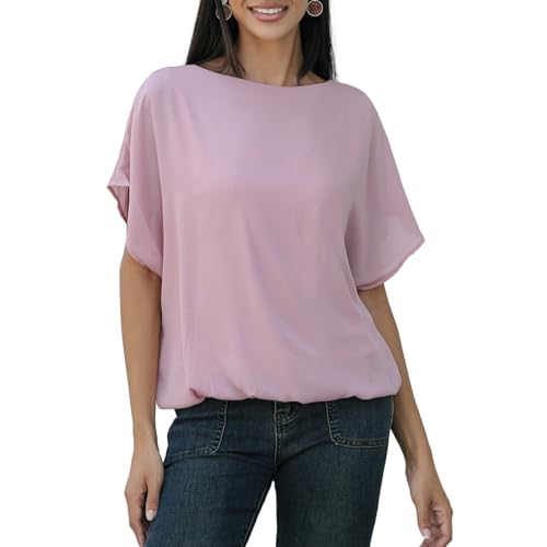 MGizo DtiSpectrum Chiffonbluse Für Damen – Elegante Tunika Aus Zweilagigem Gazestoff Mit Kurzen Fledermausärmeln und Dehnbarem Futter, Transparentes Tüllhemd Mit Rundhalsausschnitt von MGizo DtiSpectrum