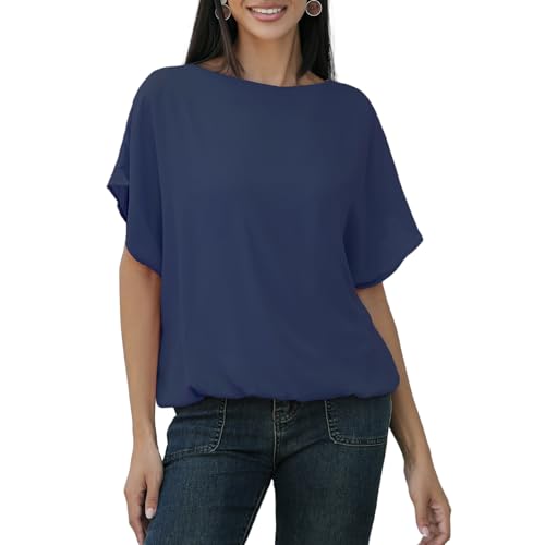 MGizo DtiSpectrum Chiffonbluse Für Damen – Elegante Tunika Aus Zweilagigem Gazestoff Mit Kurzen Fledermausärmeln und Dehnbarem Futter, Transparentes Tüllhemd Mit Rundhalsausschnitt von MGizo DtiSpectrum