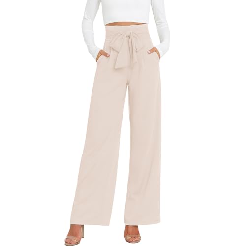MGizo DtiSpectrum Damen Anzughose mit Weitem Bein - Elegante Anzughose mit Hoher Taille und Verstellbarem Schleifenknotengürtel, Hose mit Geradem Bein und Tasche für Business und Freizeit von MGizo DtiSpectrum