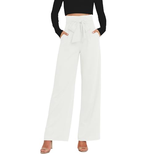 MGizo DtiSpectrum Damen Anzughose mit Weitem Bein - Elegante Anzughose mit Hoher Taille und Verstellbarem Schleifenknotengürtel, Hose mit Geradem Bein und Tasche für Business und Freizeit von MGizo DtiSpectrum