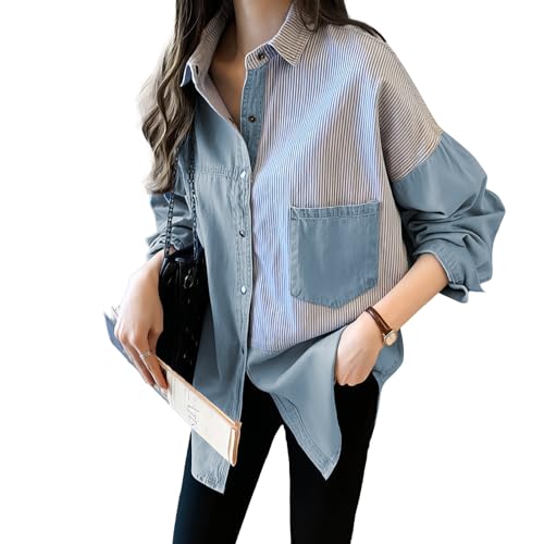 MGizo DtiSpectrum Damen-Hemd aus Reiner Baumwolle im Denim-Look – Übergroßes, Gestreiftes Button-Down-Hemd, Lange Ärmel und Metalldruckknopf, Patchwork-Bluse in Jeansblau von MGizo DtiSpectrum