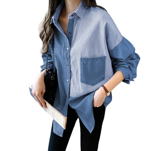 MGizo DtiSpectrum Damen-Hemd aus Reiner Baumwolle im Denim-Look – Übergroßes, Gestreiftes Button-Down-Hemd, Lange Ärmel und Metalldruckknopf, Patchwork-Bluse in Jeansblau von MGizo DtiSpectrum