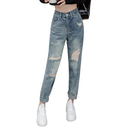 MGizo DtiSpectrum Damen-Zerrissene Jeans – Hellblaue Distressed-Jeans, hoch taillierte Boyfriend-Jeans mit geradem Bein, Jeanshose mit gerolltem Beinaufschlag von MGizo DtiSpectrum