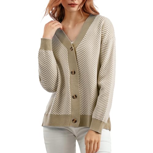 MGizo DtiSpectrum Gestreifte Jacquard-Strickjacke für Damen – Strickjacke Mit Langen Ärmeln Und V-Ausschnitt, Vorne Offen, Gerippte Strickjacke, Übergroßer Pullover von MGizo DtiSpectrum