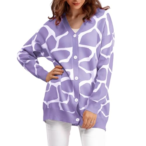 MGizo DtiSpectrum Jacquard-Cardigan Mit Giraffenmuster Für Damen – Strickjacke Mit Langen Ärmeln Und V-Ausschnitt, Vorne Offener Gerippter Strickpullover, Übergroßer Pullover von MGizo DtiSpectrum