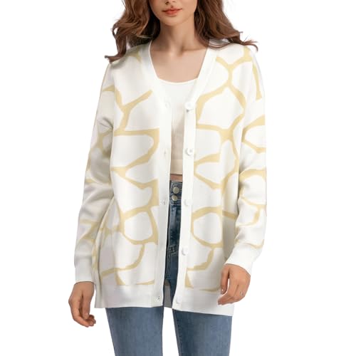 MGizo DtiSpectrum Jacquard-Cardigan Mit Giraffenmuster Für Damen – Strickjacke Mit Langen Ärmeln Und V-Ausschnitt, Vorne Offener Gerippter Strickpullover, Übergroßer Pullover von MGizo DtiSpectrum