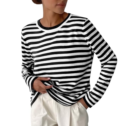 MGizo DtiSpectrum Klassischer, Locker Sitzender, Lässiger Streifenpullover Für Damen Mit Rundhalsausschnitt, Langen Ärmeln, Leichtem Pullover, Gestricktem Matrosen-Breton-T-Shirt von MGizo DtiSpectrum