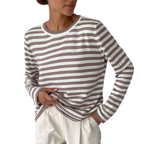 MGizo DtiSpectrum Klassischer, Locker Sitzender, Lässiger Streifenpullover Für Damen Mit Rundhalsausschnitt, Langen Ärmeln, Leichtem Pullover, Gestricktem Matrosen-Breton-T-Shirt von MGizo DtiSpectrum