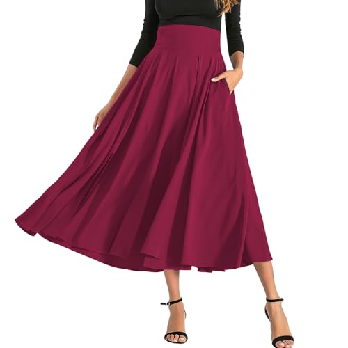 MGizo DtiSpectrum Knöchellanger Faltenrock mit Schleife – Langer Rock mit Hoher Taille und Schlitz für Damen, Retro-einfarbiger Rock, Fließender, Seidiger A-Linien-Schirmrock von MGizo DtiSpectrum