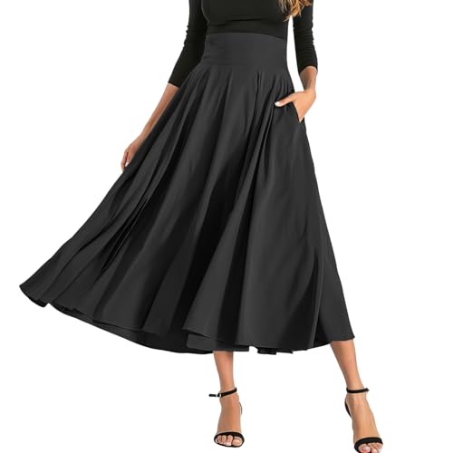MGizo DtiSpectrum Knöchellanger Faltenrock mit Schleife – Langer Rock mit Hoher Taille und Schlitz für Damen, Retro-einfarbiger Rock, Fließender, Seidiger A-Linien-Schirmrock von MGizo DtiSpectrum