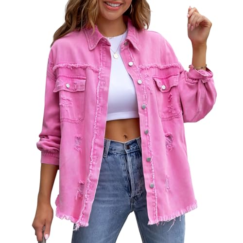MGizo DtiSpectrum Zerrissene Jeansjacke Für Damen – Locker Sitzende, im Used-Look, Ausgefranste Boyfriend-Jeansjacke mit Langen Ärmeln, Trucker-Jeansjacke aus Denim mit Metallknopf von MGizo DtiSpectrum
