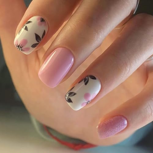 24 quadratische Nägel zum Aufdrücken, glänzende Designs, französische künstliche Acryl-Klebstoffe für Frauen, Sarg, Mandel, französische Spitze auf Nägeln von MHADBKH