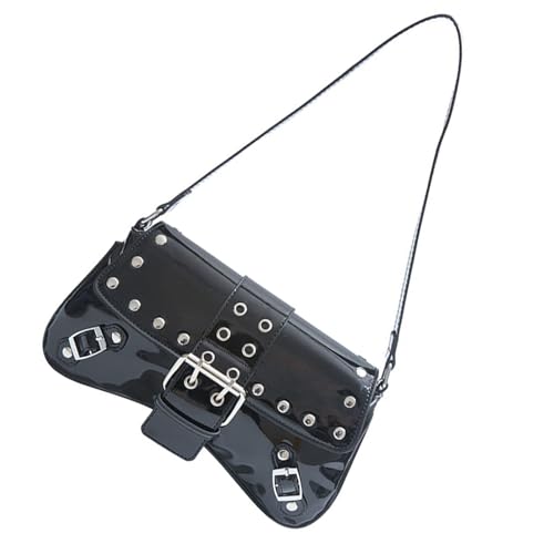 Damen PU Leder Handtasche mit Nieten Retro 90er Jahre Stile Schultertasche Casual Achsel Geldbörse Mode Top Griff Taschen Party Date Tasche, Schwarz , One Size von MHADBKH