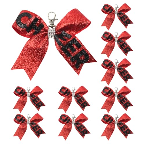 MHADBKH 10 Stück Cheer Bowknot Schlüsselanhänger Strass Akzent Schlüsselanhänger Anhänger für Teenager Mädchen Cheerleading Sport Zubehör, as described, Polyesterfaser und Legierung, Kein Edelstein von MHADBKH